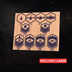Peut inclure: Plaque en bois avec des insignes de grade militaire hexagonaux bleus, étiquetés E-1 à E-9. Le texte "SVG | CNC | LASER" est affiché en bas. Idéal pour la découpe laser.