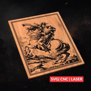 May include: Wooden plaque featuring a detailed engraving of a person on horseback, possibly Napoleon, in a historical style. The artwork is framed with a decorative border. The bottom right corner has the text "SVG | CNC | LASER".