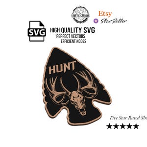 May include: Black and white SVG cut file of a deer skull with antlers inside an arrowhead shape. The word "HUNT" is above the skull.