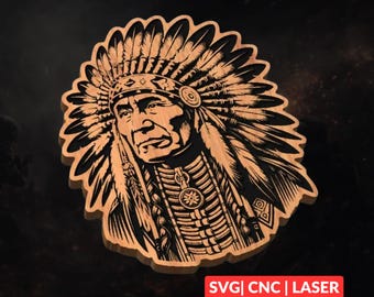 Native American Chief SVG | CNC Laser Cut File, Wood Wall Art, Glowforge Engraving, LightBurn Ready