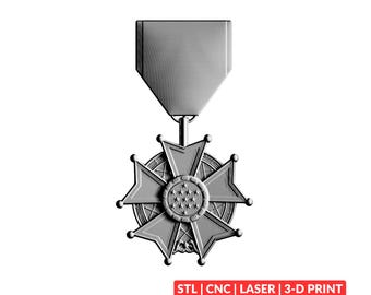 May include: A monochromatic gray medal featuring a central circular emblem with thirteen stars, surrounded by a four-pointed cross with ball-tipped ends, suspended from a trapezoidal ribbon bar. The text STL | CNC | LASER | 3-D PRINT is visible.