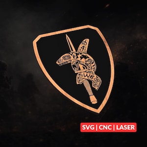 May include: A shield-shaped wooden plaque featuring a black center with a carved design of a dagger and a stylized animal figure. The design includes the letters WB and the number 4. A red rectangular label at the bottom displays the text SVG | CNC | LASER.