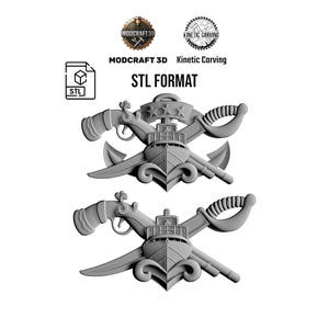 May include: Two gray 3D models of a naval emblem, featuring crossed swords, a ship, an anchor, and a pistol. The text "STL FORMAT" is displayed. Logos for Modcraft 3D and Kinetic Carving are also present.