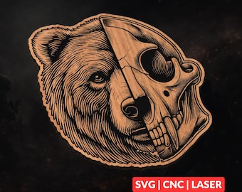 Bear Skull SVG | Gothic CNC Laser Cut File, Wood Wall Art, Glowforge Engraving, LightBurn Ready