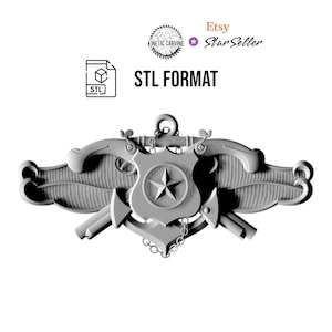 May include: A grey 3D-rendered badge design. It features a central shield with a star, flanked by stylized wings and crossed anchors. The text "STL FORMAT" is displayed above the badge, indicating a digital file format.