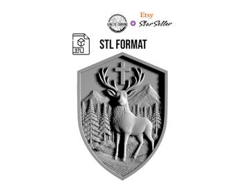 Elk with Cross Shield STL | 3D CNC Carving File, Wood Relief Art, 3D Printing Ready