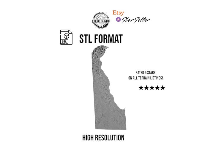 Delaware Terrain STL File – 3D Topographic Map for CNC, 3D Printing, or 3D Lasering
