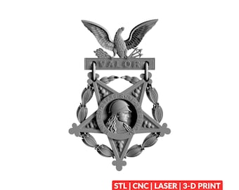 May include: A grey, monochromatic medal featuring a five-pointed star surrounded by a laurel wreath, topped with an eagle and a bar inscribed with the word VALOR. The center displays a profile of a person in a helmet with UNITED STATES OF AMERICA text.