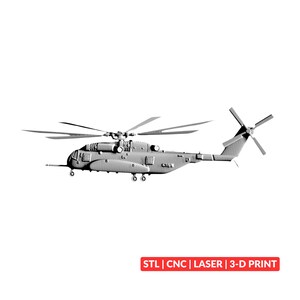 May include: A gray scale model of a military helicopter featuring a main rotor, a tail rotor, and landing gear. The image includes a red rectangular label at the bottom with white text that reads: STL | CNC | LASER | 3-D PRINT.