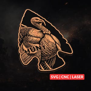 May include: A wooden-textured arrowhead-shaped emblem featuring a detailed illustration of a turkey. The word "HUNT" is inscribed on the turkey's body. The emblem is outlined in a dark color, with the text "SVG | CNC | LASER" at the bottom.