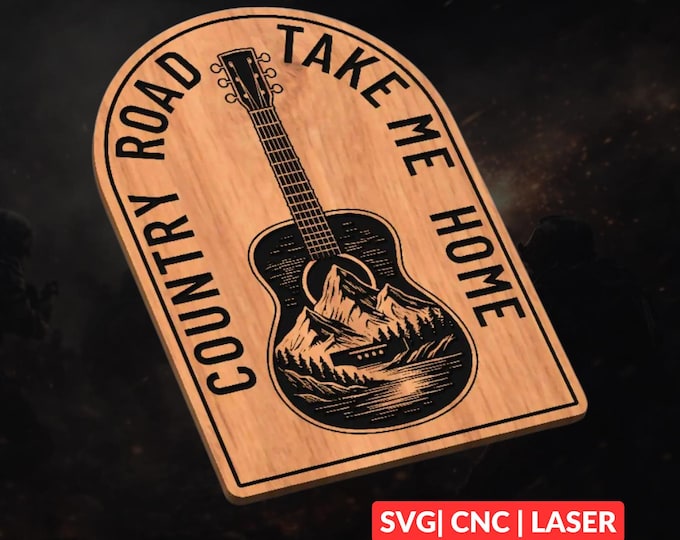 Country Road Guitar SVG | CNC Laser Cut File, Wood Wall Art, Glowforge Engraving, LightBurn Ready