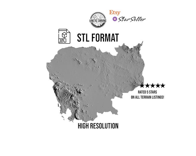 Cambodia Terrain STL File – 3D Topographic Map for CNC, 3D Printing, or 3D Lasering