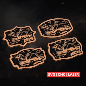 May include: Four wooden coasters with a hunting scene etched into them. Each coaster features a hunter aiming a rifle at flying ducks, with a dog in the foreground. The coasters are various shapes and have a dark brown finish.