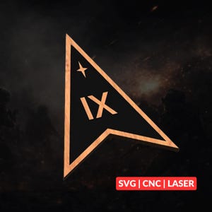 May include: A triangular cursor-shaped sign with a wooden border and a black center. The center features the Roman numeral IX and a four-pointed star symbol. A red rectangular label at the bottom right displays the text SVG | CNC | LASER.