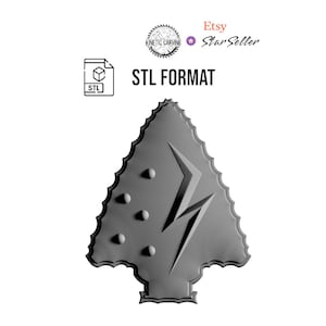 May include: A gray 3D printed model of an arrowhead with a lightning bolt design and five dots. The model is in STL format.
