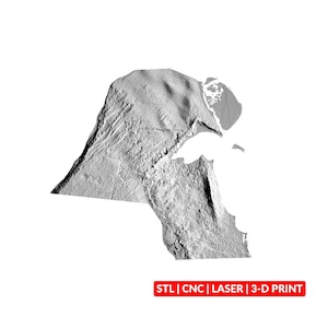 May include: A grey, textured, three-dimensional topographical map of Kuwait featuring detailed terrain relief. Below the map, a red rectangular label contains the white text: STL | CNC | LASER | 3-D PRINT. The entire object is presented against a plain white background.