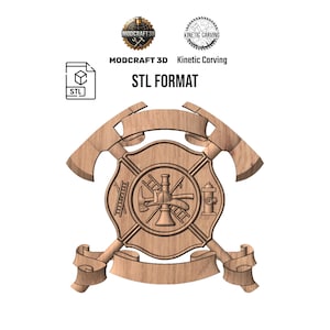 May include: A wooden firefighter emblem with crossed axes, a shield, and a banner. The shield features a ladder, axe, and hydrant. The text "STL FORMAT" is displayed. Logos for Modcraft 3D and Kinetic Carving are also present.