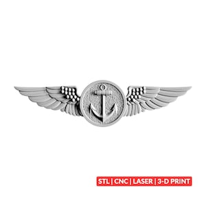 May include: A monochromatic gray emblem featuring a central circular medallion with a detailed anchor, flanked by symmetrical feathered wings extending outward. The text "STL | CNC | LASER | 3-D PRINT" is displayed in a red rectangular box below.