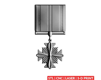 May include: A monochromatic gray digital rendering of a medal featuring a square ribbon bar attached to a four-pointed cross with rounded petals and a central sunburst pattern. The text STL | CNC | LASER | 3-D PRINT is visible at the bottom right.