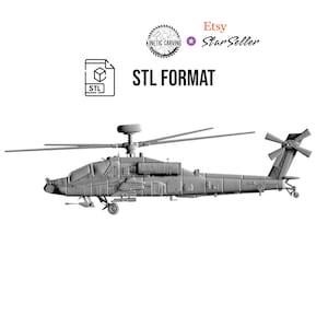May include: A grayscale 3D model of a military helicopter, with detailed features including rotors, tail, and weaponry. The image includes the text "STL FORMAT" and Etsy Star Seller branding.