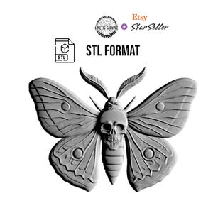 May include: A gray, 3D-rendered moth with a skull-shaped head and intricate wing details. The image includes the text "STL FORMAT" and the Etsy Star Seller badge, indicating a digital product available for download.