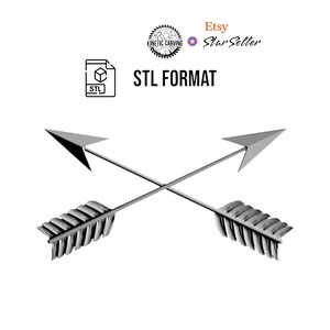 Puede incluir: Dos flechas plateadas cruzadas en forma de 'X'. Las flechas tienen plumas y puntas. STL FORMAT está escrito encima de las flechas.