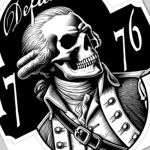 May include: Black and white illustration of a skull in colonial attire. The image features the numbers "76" and "17" with the word "Defiant" in script. The skull is wearing a jacket with buttons and a buckle.