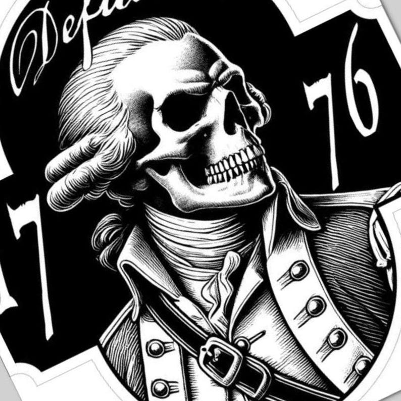 May include: Black and white illustration of a skull in colonial attire. The image features the numbers "76" and "17" with the word "Defiant" in script. The skull is wearing a jacket with buttons and a buckle.
