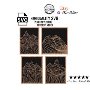 May include: Four framed wall art pieces with a black background and a gold wireframe mountain design. The image includes the text "SVG High Quality SVG Perfect Vectors Efficient Nodes" and the Etsy Star Seller logo.