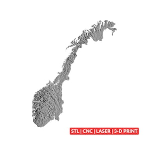 May include: A gray, three-dimensional topographical map of Norway featuring detailed terrain textures and elevation relief. A red rectangular label in the bottom right corner contains the white text: STL | CNC | LASER | 3-D PRINT.