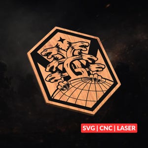 May include: A hexagonal wooden plaque featuring a black laser-engraved design of a multi-headed hydra creature emerging from a globe. The design includes a small star above the hydra heads. The text SVG | CNC | LASER is printed in white.