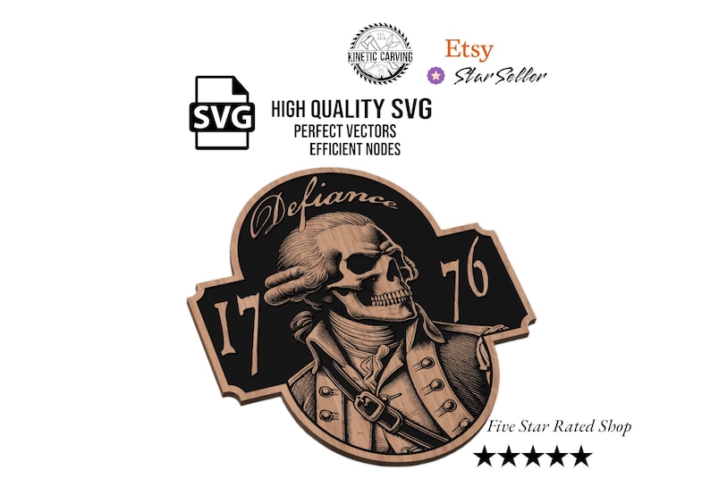 SVG file featuring a skull-faced George Washington with the words 'Defiance' and '1776' on it. The design combines revolutionary imagery with a bold, rebellious message, perfect for creating patriotic-themed art, apparel, or decor with an edge.
