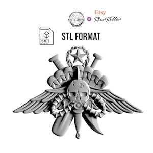 May include: A grey STL format design featuring a skull with wings, a star, and a dagger. The design includes a parachute, a wreath, and two nails. The Etsy Star Seller logo is visible.