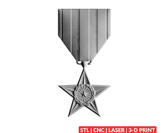 May include: A monochromatic digital rendering of a five-pointed star medal suspended from a rectangular ribbon. The center of the star features a circular emblem with a smaller star surrounded by a wreath. Text at the bottom reads: STL | CNC | LASER | 3-D PRINT.