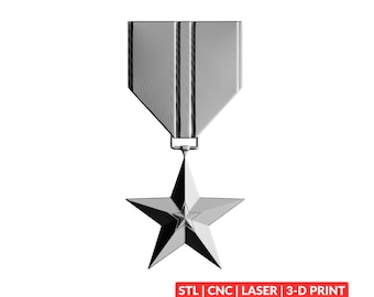 May include: A silver-toned military-style medal featuring a five-pointed star suspended from a rectangular ribbon bar. The design includes the text STL | CNC | LASER | 3-D PRINT at the bottom right corner. The object has a metallic finish.