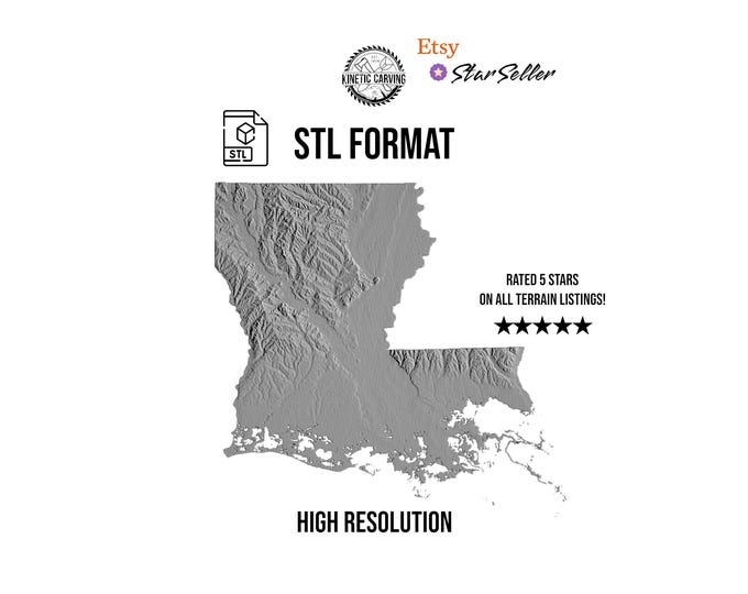 Louisiana Terrain 3D Topographic Map: STL File for CNC, 3D Printing