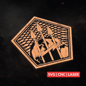 May include: A pentagonal wooden plaque featuring a laser-engraved design of three upward-pointing arrows, a globe, and a lightning bolt. The background of the design is black, and the text SVG | CNC | LASER is printed in white on a red rectangle.