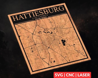 Hattiesburg, Mississippi City Map SVG | CNC Laser Cut File, Wood Wall Art, Glowforge Engraving, LightBurn Ready