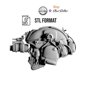 Op de afbeelding: Een 3D-model van een tactische helm met nachtzichtapparatuur, met een schedelvormig gezicht. De afbeelding bevat de tekst "STL FORMAT" en het Etsy Star Seller logo.