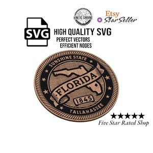 May include: A wooden medallion featuring the Florida state seal. The design includes the state name, a key, and the text "Sunshine State" and "Tallahassee." The image also includes the text "SVG High Quality SVG Perfect Vectors Efficient Nodes."