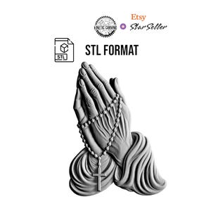 Puede incluir: Modelo 3D en escala de grises de manos rezando, sosteniendo un rosario con un colgante de cruz. La imagen incluye el texto "STL FORMAT" y la insignia de Etsy Star Seller, lo que indica un producto digital para impresión 3D.