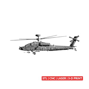 May include: A grey 3D model of an Apache attack helicopter featuring a main rotor, tail rotor, and landing gear. The image includes a red rectangular label at the bottom with the white text: STL | CNC | LASER | 3-D PRINT.