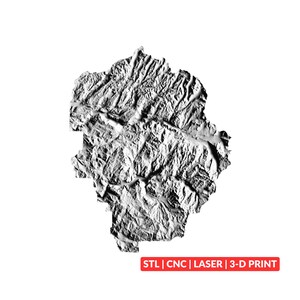 May include: A black and white topographical relief map featuring intricate mountain ridges and valleys. A red rectangular label at the bottom contains the white text STL | CNC | LASER | 3-D PRINT, indicating the file formats for production.