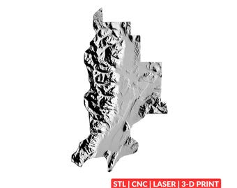 May include: A grayscale 3D topographic relief map of a mountainous region with irregular borders. The surface features detailed elevation contours and shadows. A red rectangular label at the bottom contains the white text: STL | CNC | LASER | 3-D PRINT.