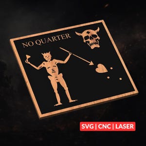 May include: Wooden plaque with a black background and a light brown frame. The plaque features a skull with horns, a skeleton figure, and the words "NO QUARTER". A heart and arrow are also present.