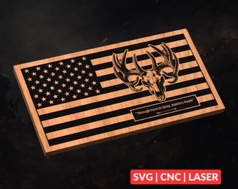 Elk Hunting Flag SVG | Skull Antlers American Flag CNC File, Laser Engraving, LightBurn
