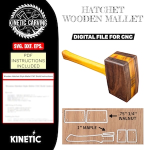May include: A wooden hatchet-style mallet with a yellow handle and a dark brown head. The image includes a digital file for CNC, along with instructions. The design includes 1" maple and .75" walnut components. The Kinetic Carving logo is also visible.