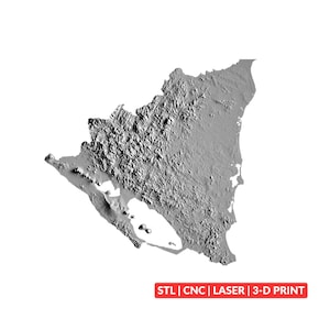 Könnte beinhalten: Eine graue, dreidimensionale topografische Karte von Nicaragua mit detailliertem Geländerelief. Ein rotes rechteckiges Etikett am unteren Rand enthält den weißen Text: STL | CNC | LASER | 3-D PRINT. Die Karte zeigt verschiedene Höhenlagen.