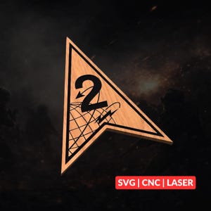 May include: A triangular wooden plaque featuring a black engraved design of the number 2, a globe grid, and a lightning bolt. The piece has a dark border and a light wood grain finish. A red rectangular label at the bottom displays the text SVG | CNC | LASER.