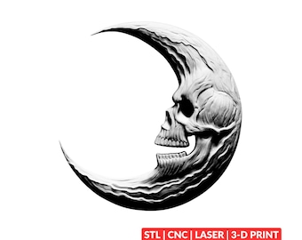 Crescent Moon Skull STL | 3D CNC Carving File, Wood Relief Art, 3D Printing Ready